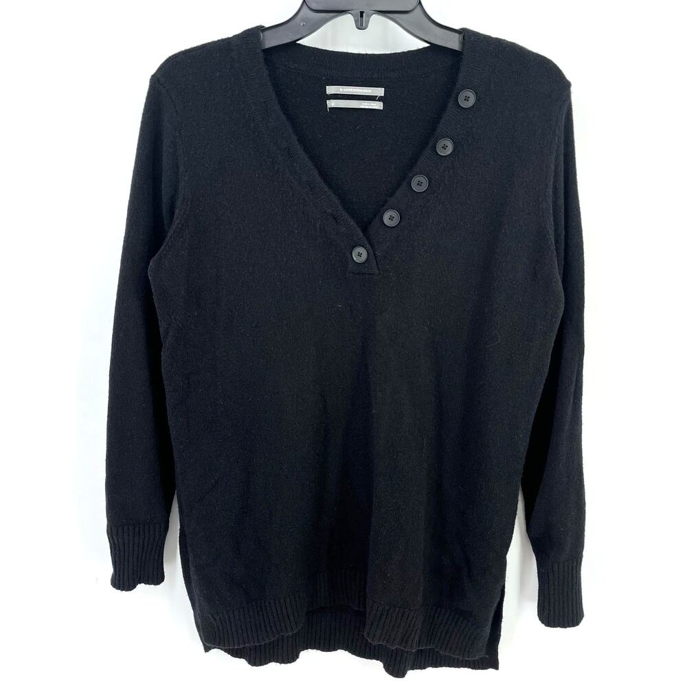 Anthropologie V Neck Button Trim Sweater Womens Size Small Solid Black